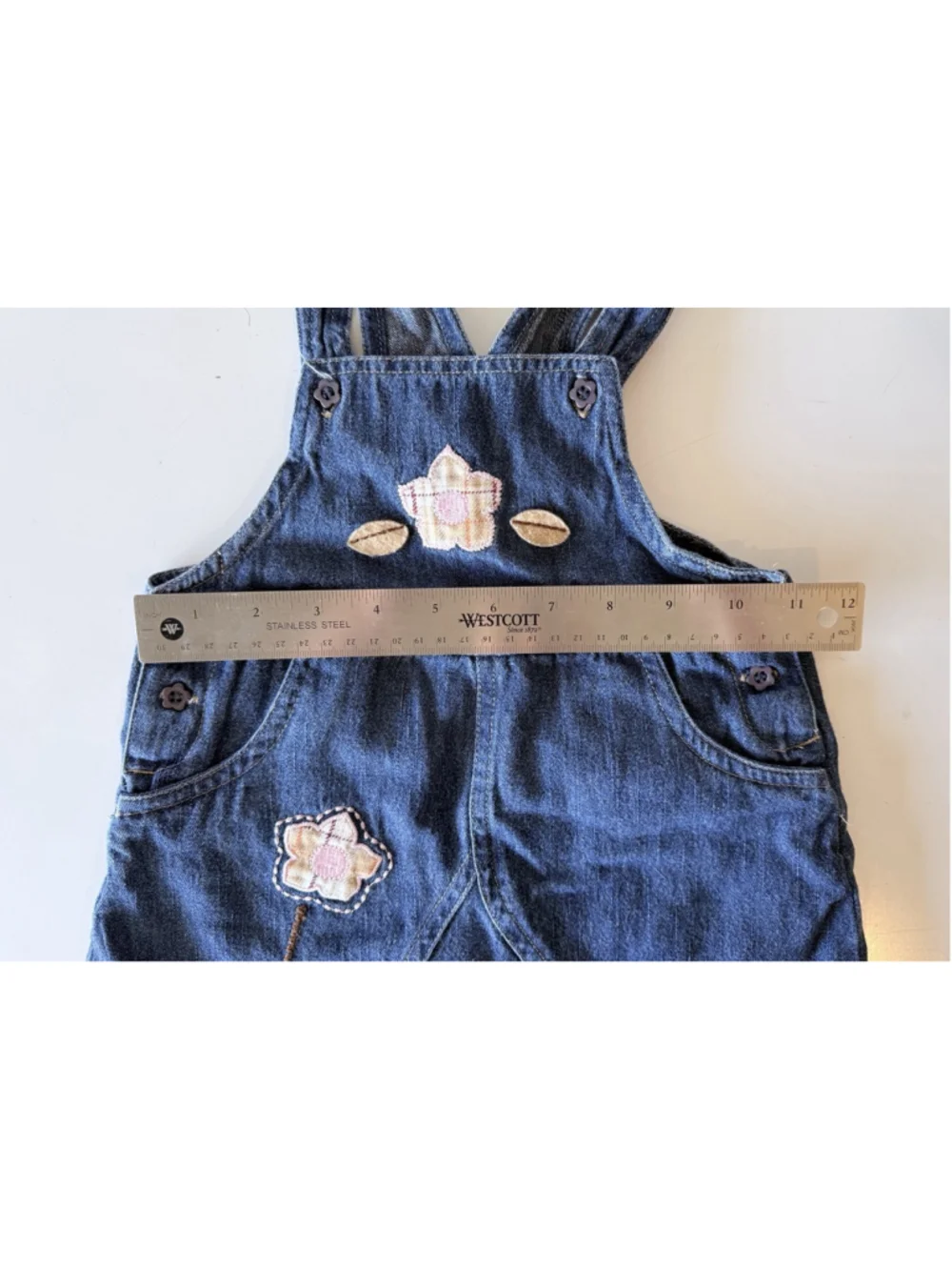 Vintage 90s Toddler Denim Jumper Dress Floral Appliqué Y2K Cotton Patchwork 18M